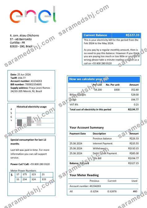 Brazil ENEL electricity business utility bill template in Word and PDF format